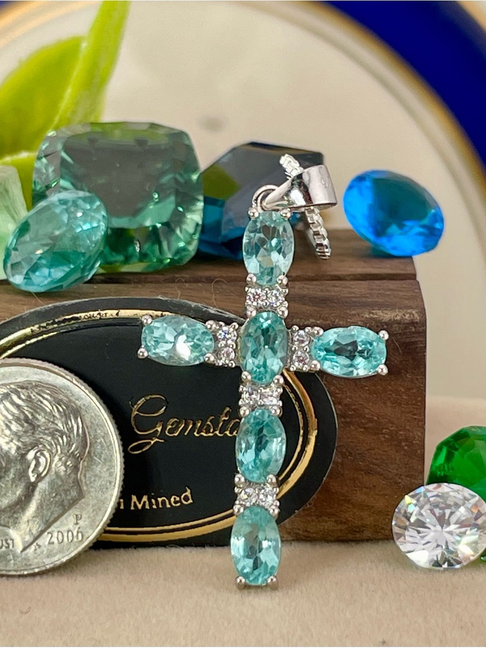 Paraiba Topaz white cross Pendant Necklace. Sterling Silver 925